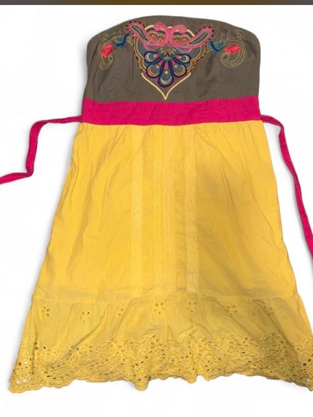 Vintage Y2K Strapless Embroidered Colorblock Sundress — Yellow, Olive & Hot Pink